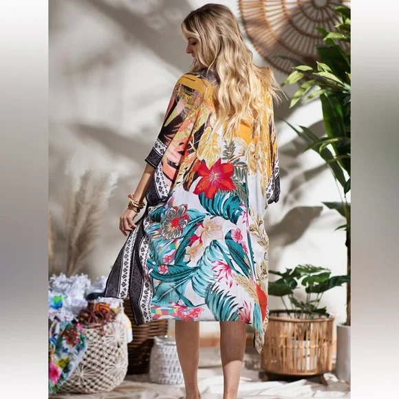 Boutique NWT Gypsy Boho Island Print Hippie Duster Kimono S - 3x - Picture 3 of 5